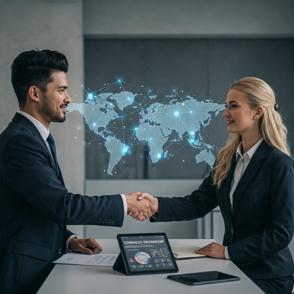 A boardroom meeting with executives shaking hands over a signed partnership agreement, with ZikoSwift branding on a presentation screen.