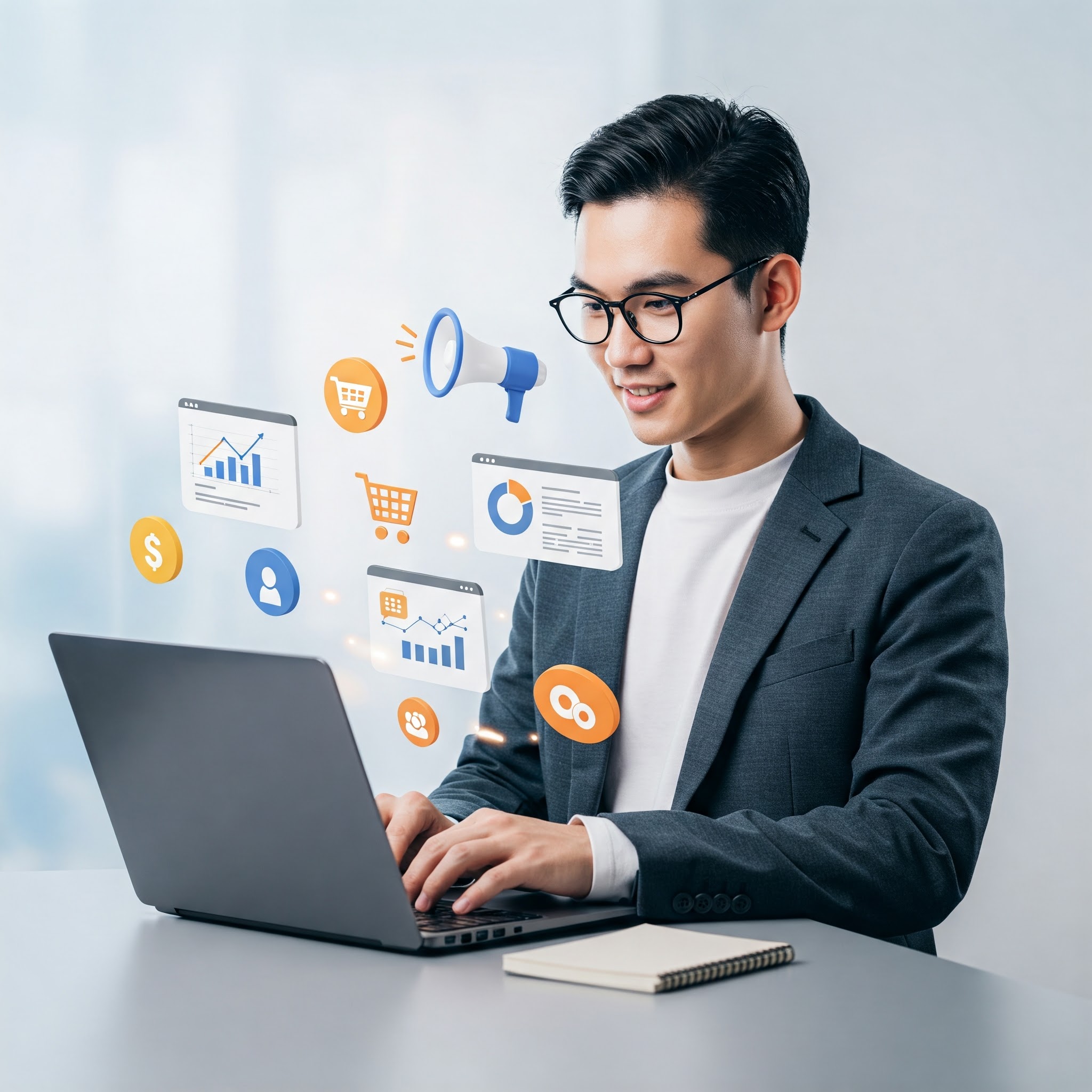 A business owner using a laptop, surrounded by floating icons representing marketing, analytics, and growth tools, emphasizing ZikoSwift’s easy-to-use services.