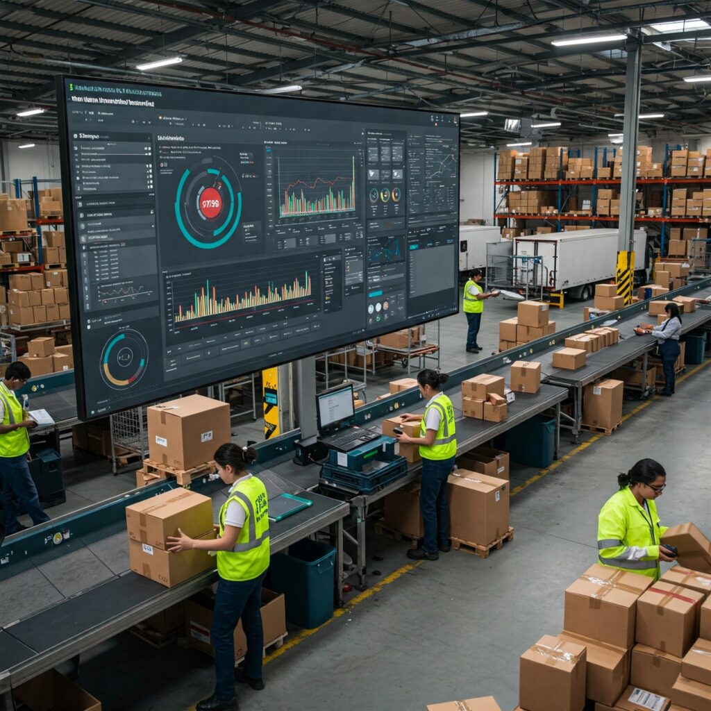 A fulfillment center with staff processing packages, representing ZikoSwift’s logistics partnerships for fast shipping.