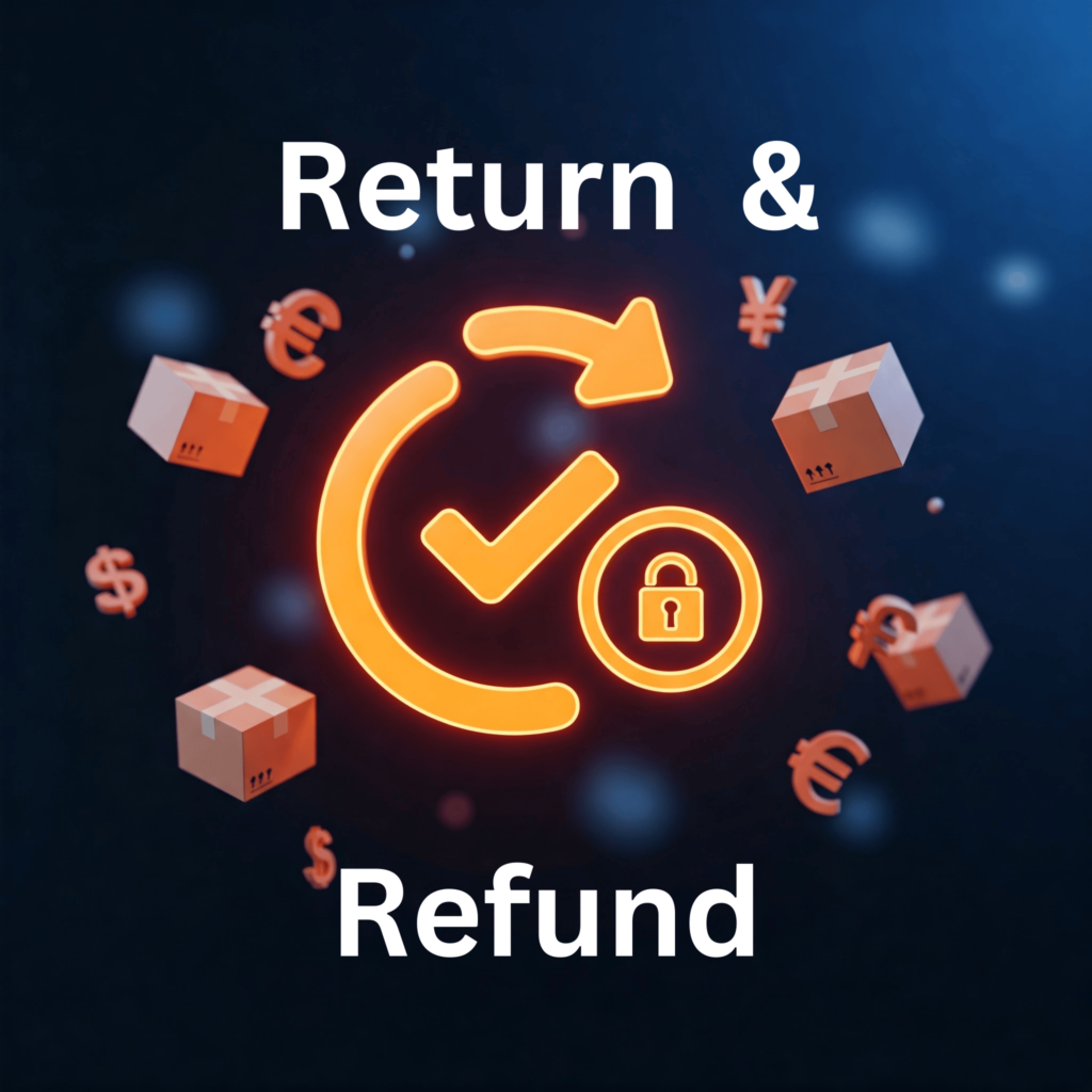 A glowing circular arrow with a checkmark inside, surrounded by package boxes and currency symbols, representing return and refund policies.