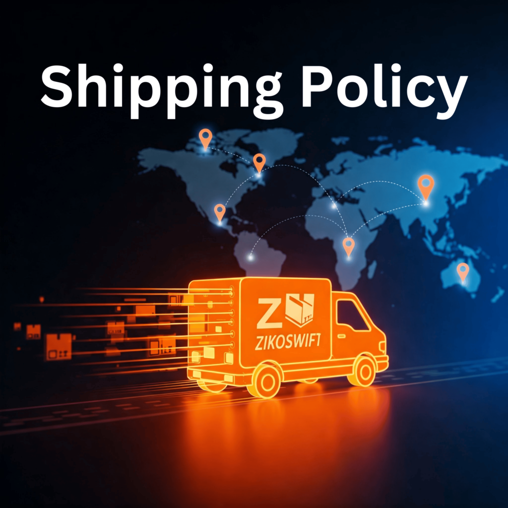 A glowing orange delivery truck with motion lines, packages, and a world map with location pins, symbolizing a fast and reliable shipping policy