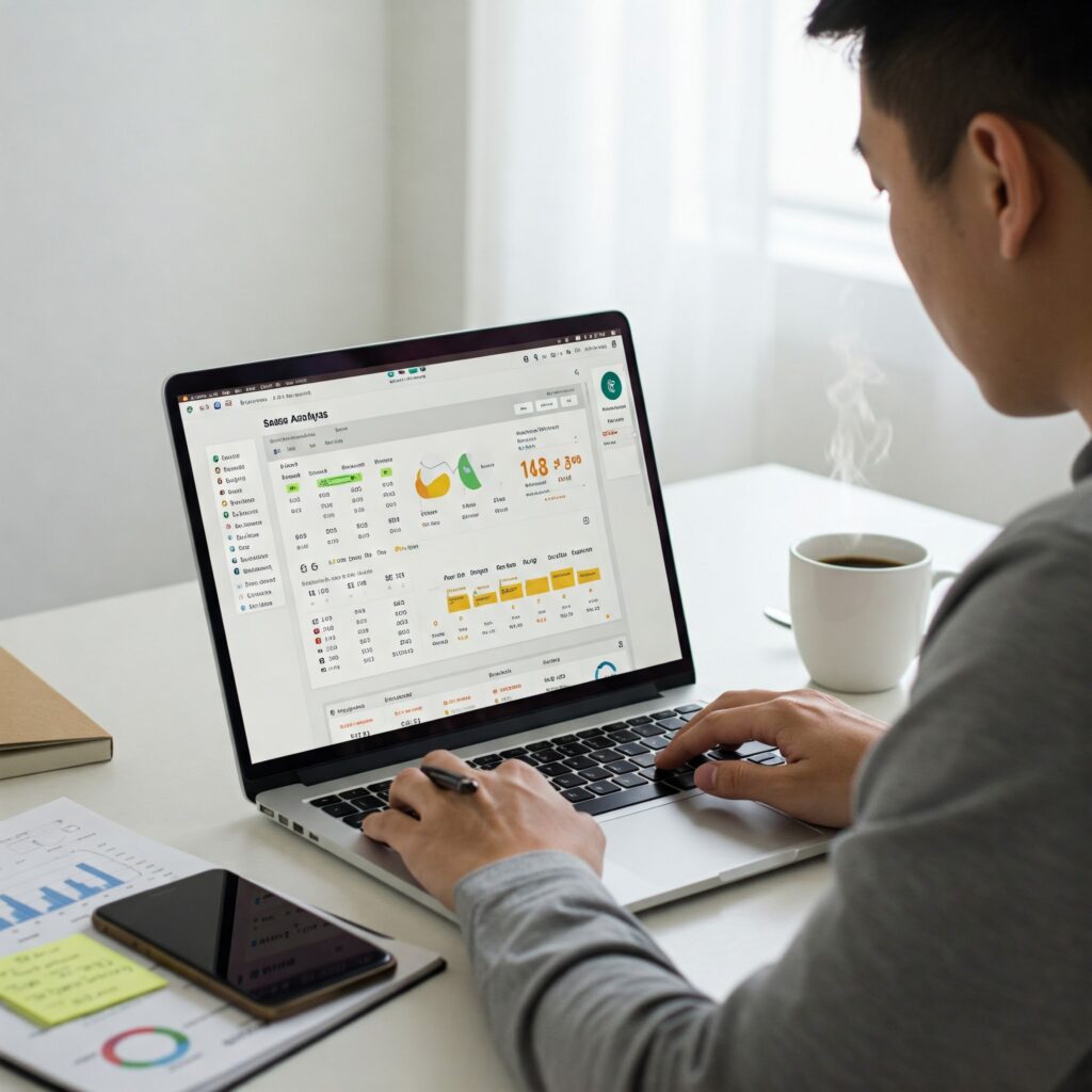 A professional vendor working on a laptop, analyzing sales data on a platform.