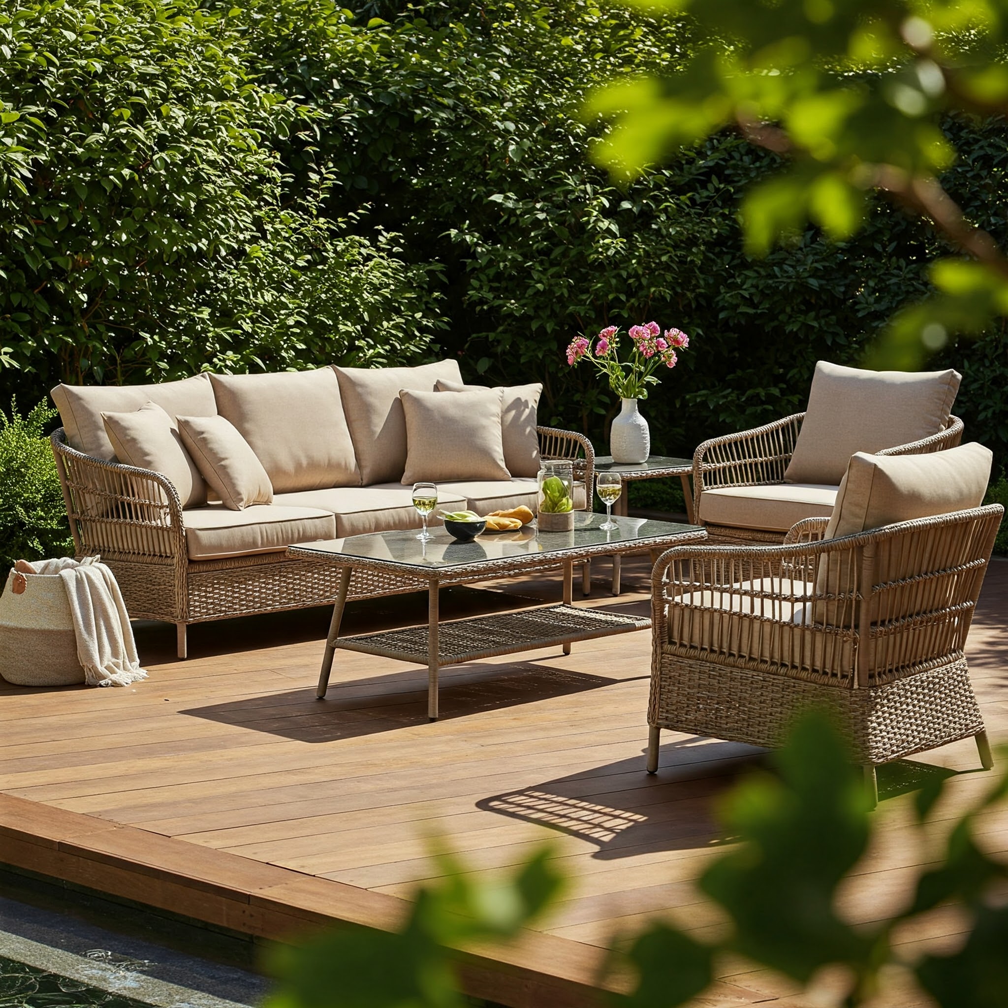 Comfortable and stylish outdoor patio lounge set with weather-resistant cushions.