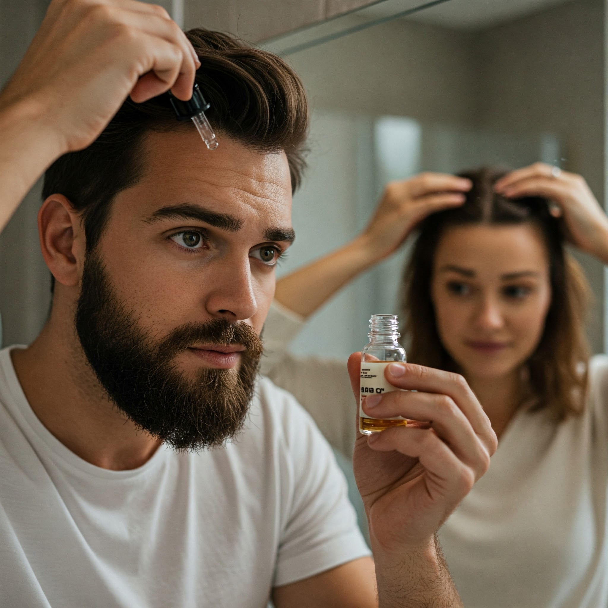 Man applying hair growth serum to stimulate healthy, thicker hair growth.