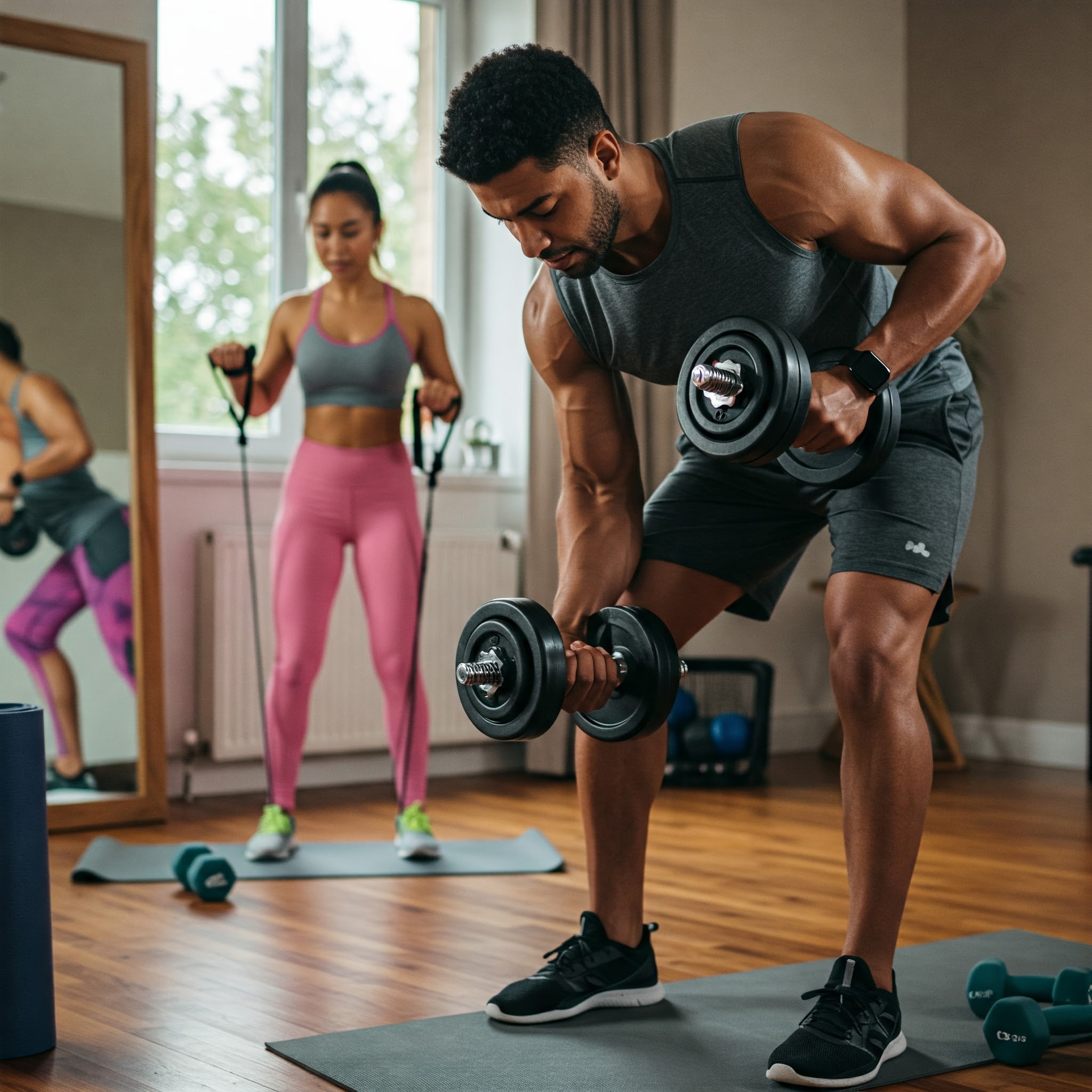 Man lifting an adjustable dumbbell for strength training and muscle building.