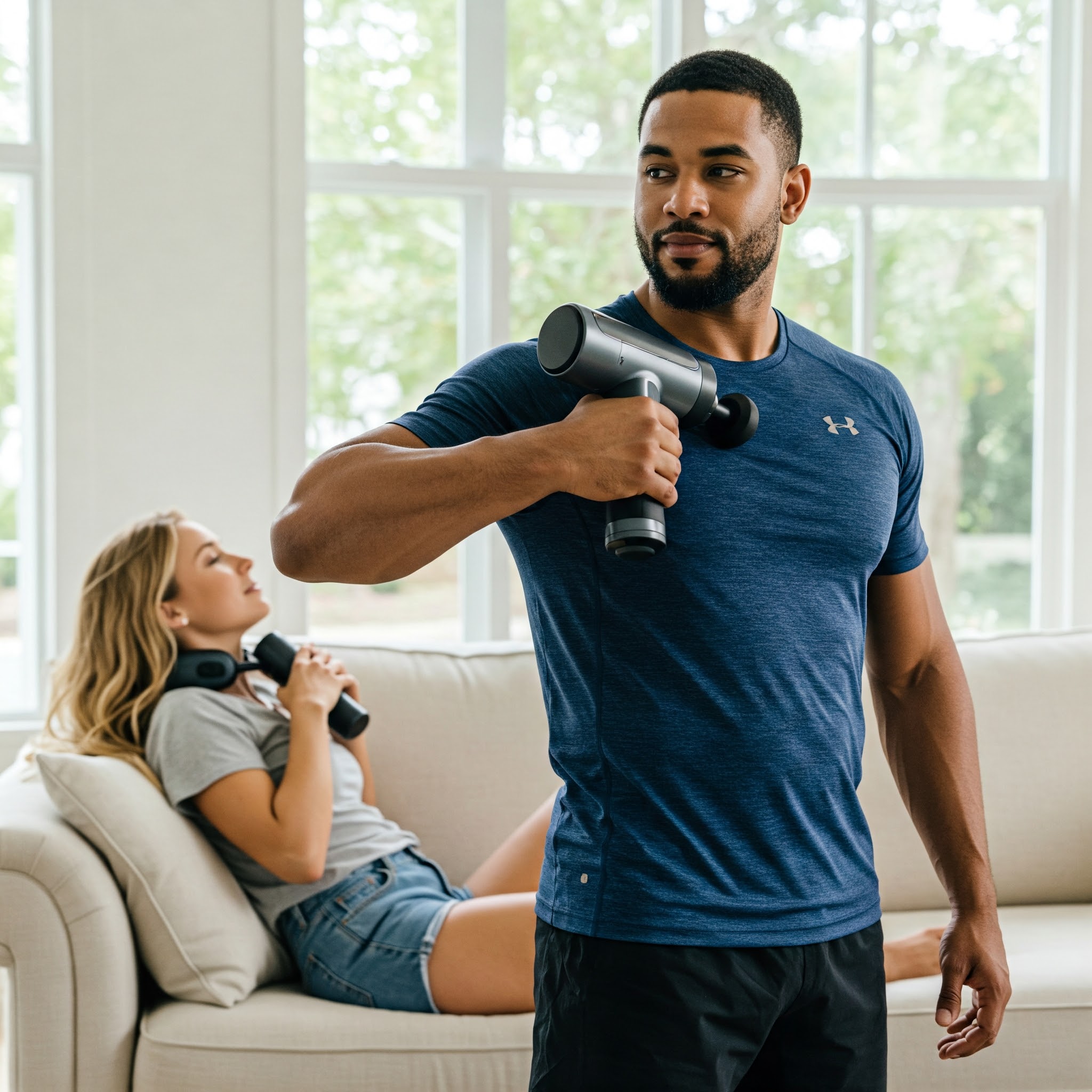 Man using a deep tissue massage gun for muscle recovery and relaxation.