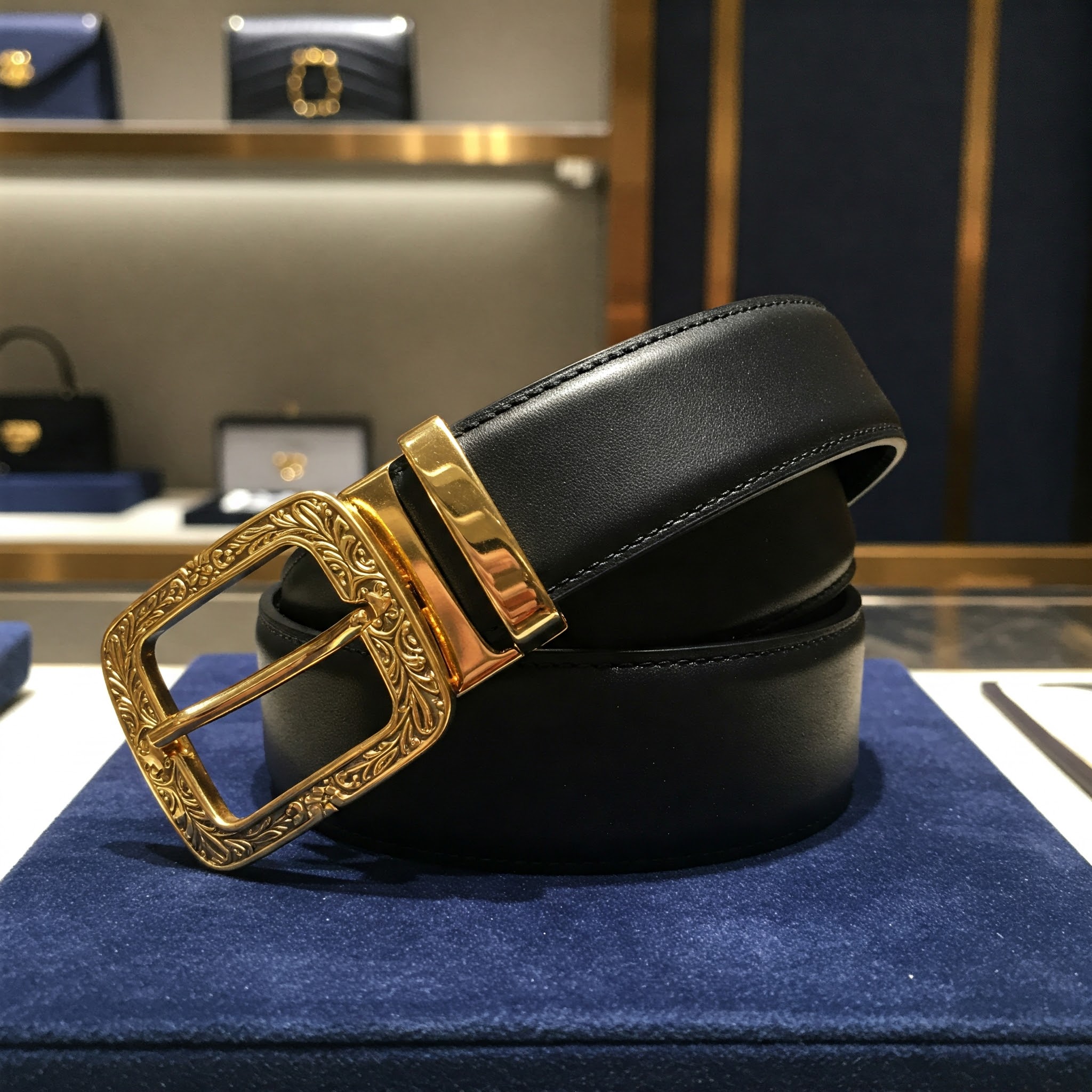 Premium leather designer belt with a stylish gold-tone logo buckle.