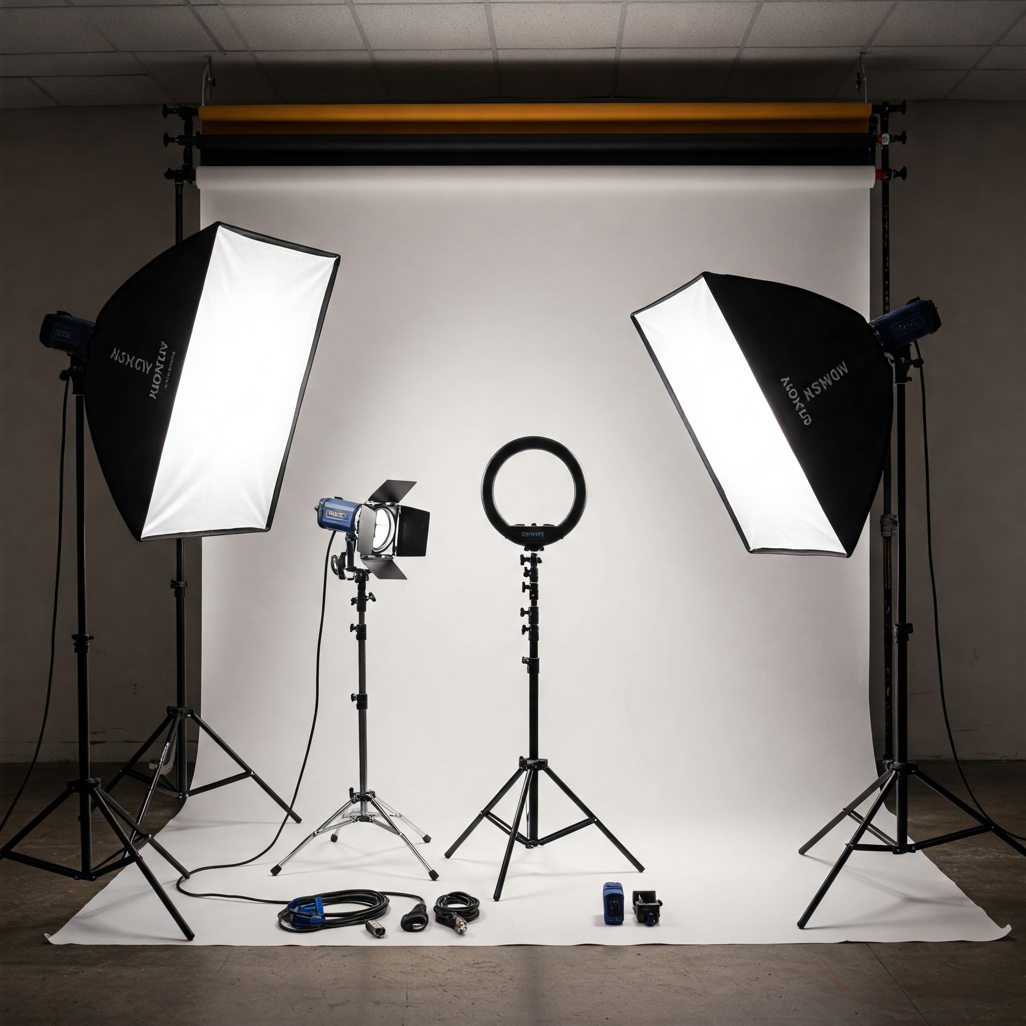 Studio lighting kit with softbox lights, ring light, and backdrop stand for professional photography.