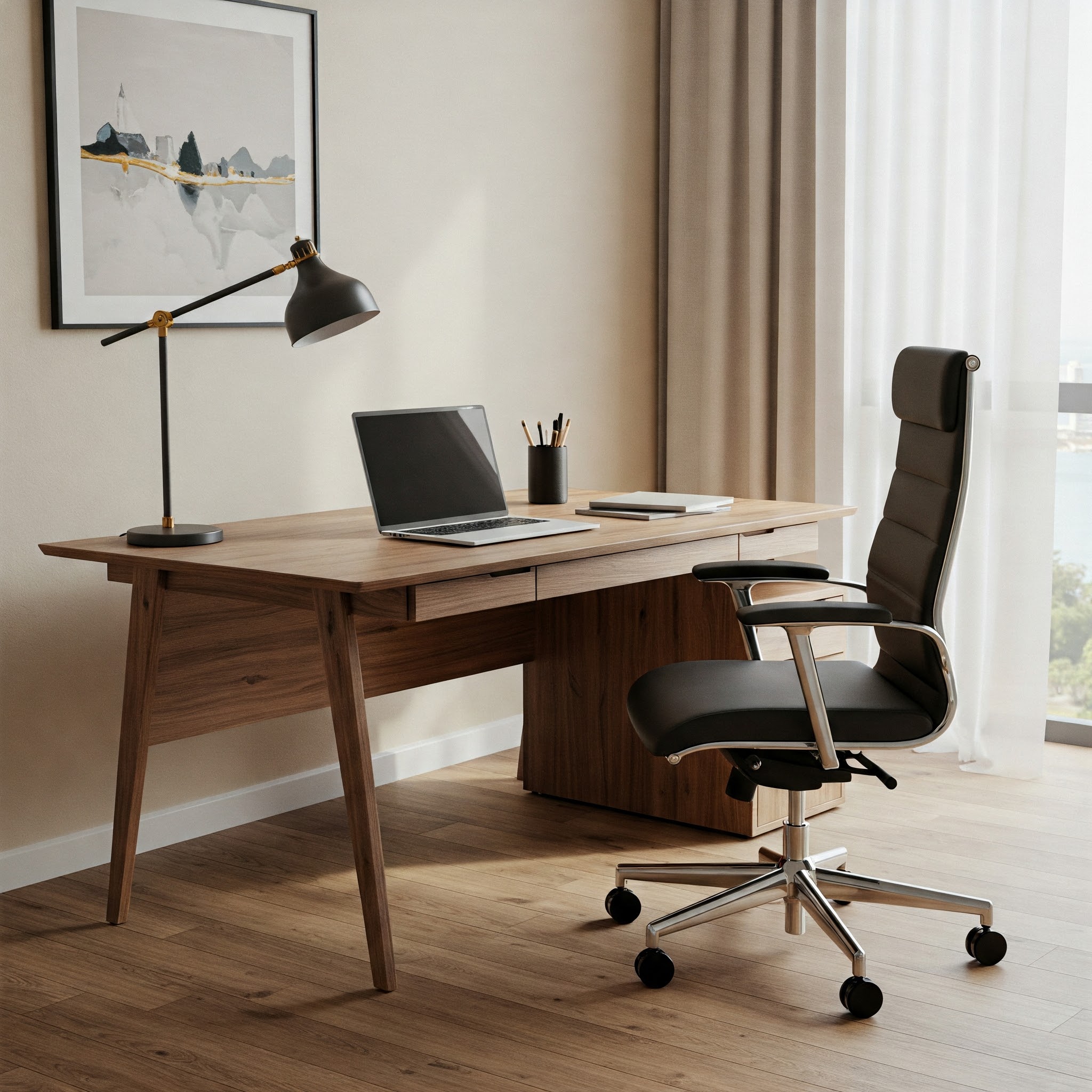 Stylish and ergonomic home office desk with a comfortable swivel chair for productivity