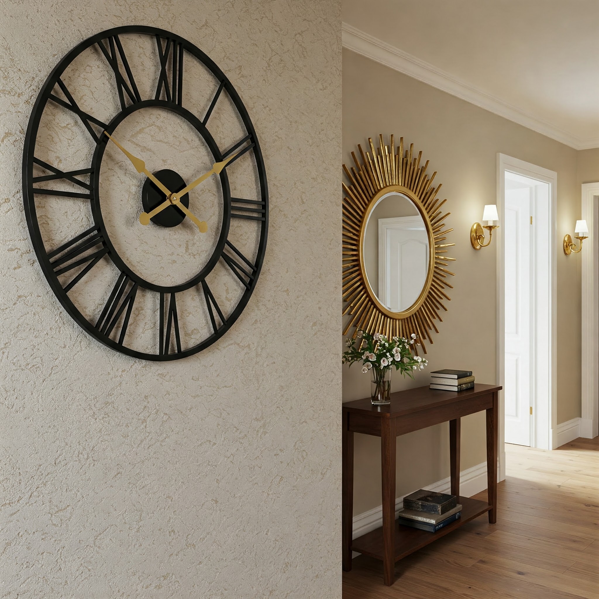 Stylish minimalist wall clock with a sleek black frame, gold hands, and Roman numerals.