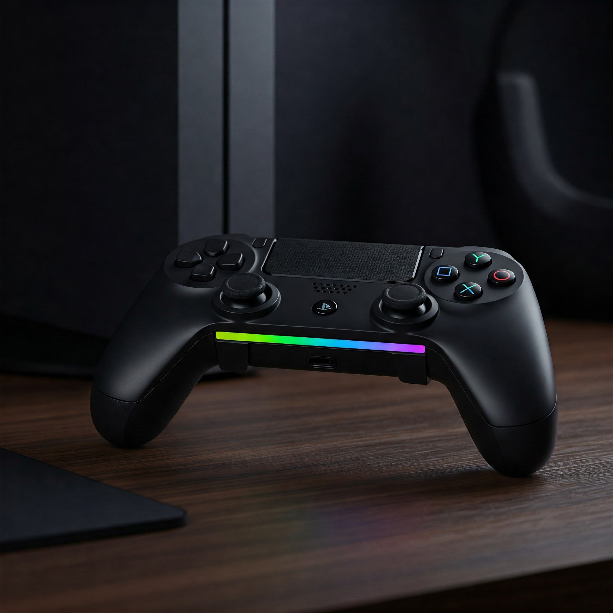 Wireless gaming controller with ergonomic design, RGB lighting, and precision controls.