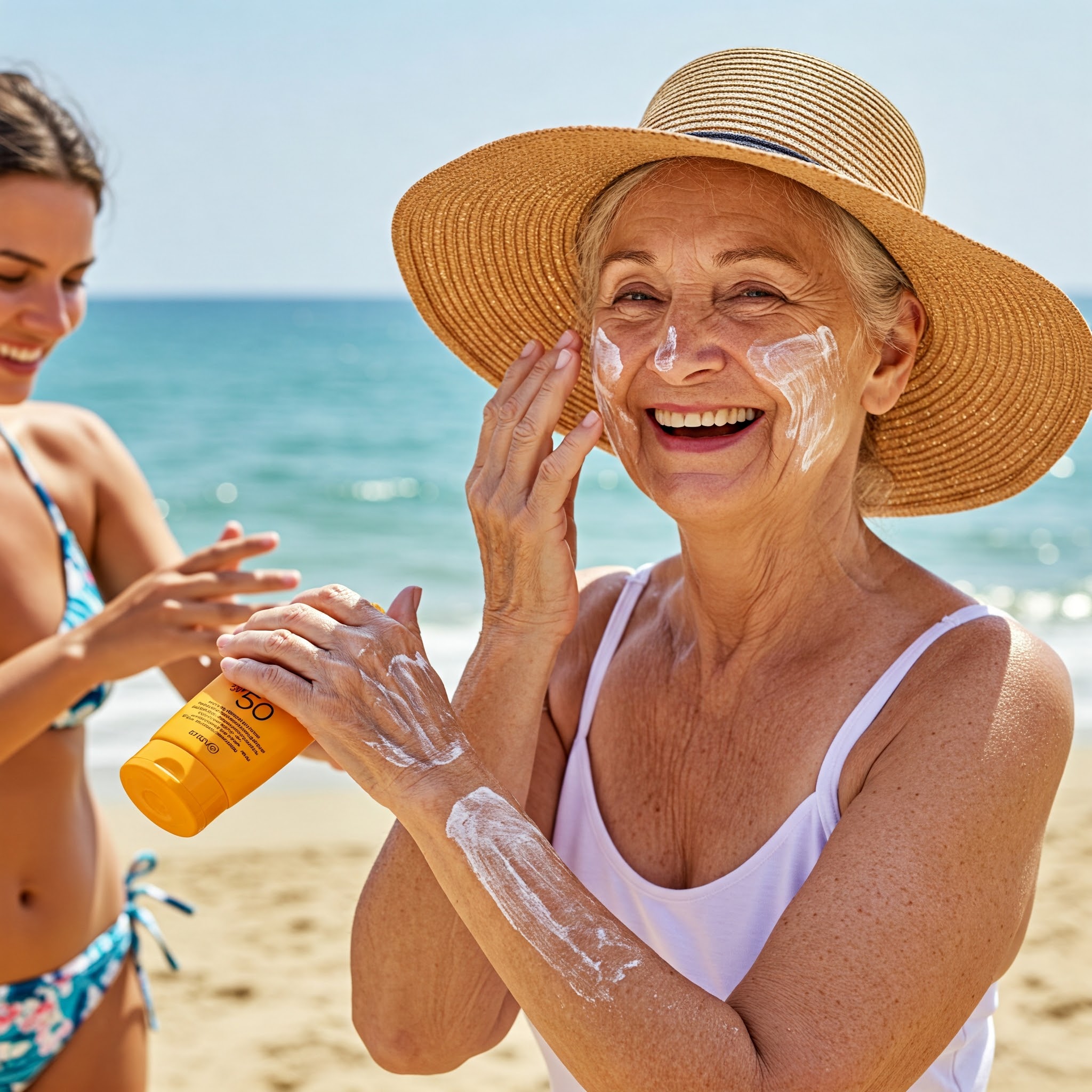 Woman applying SPF 50 sunscreen for sun protection and healthy skin.