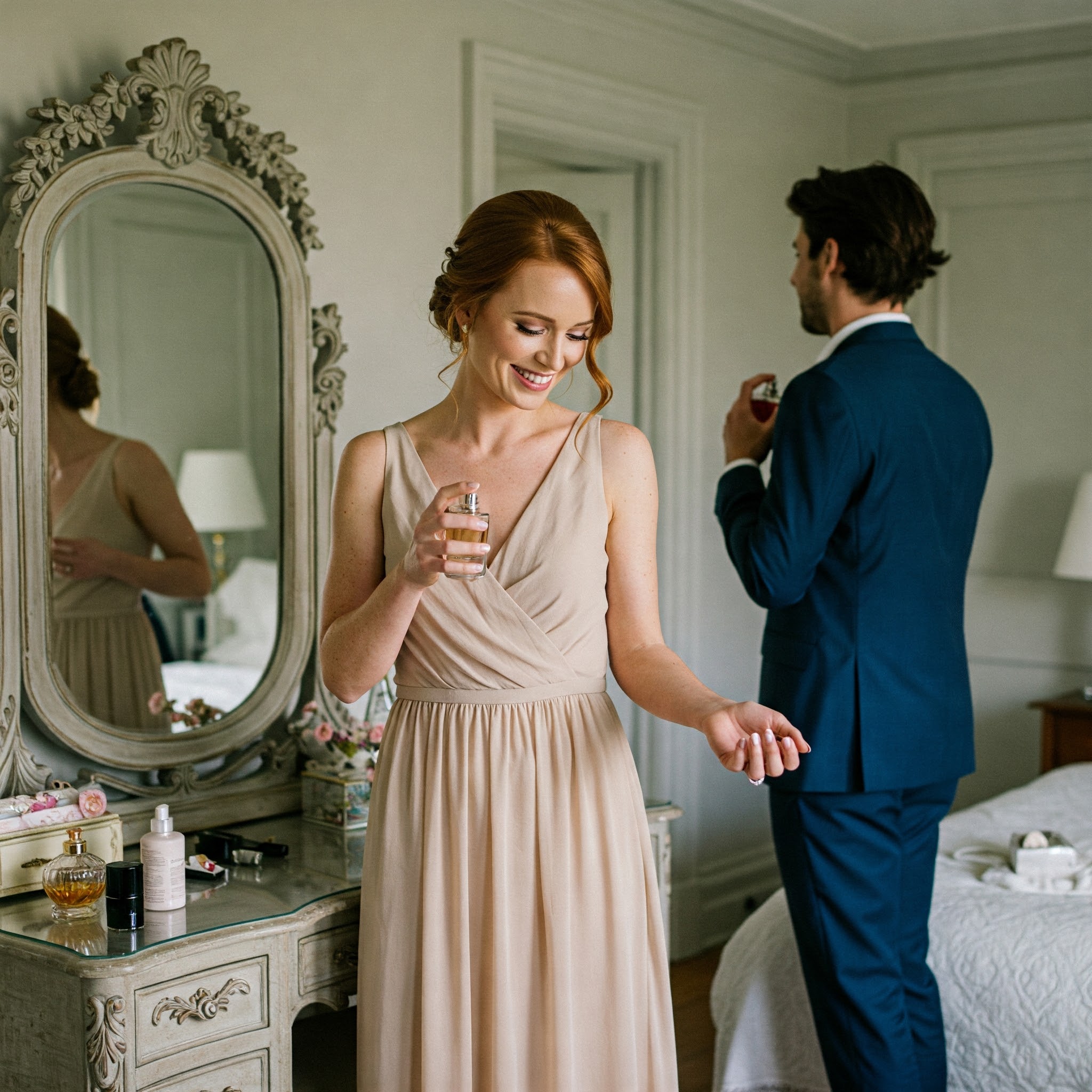 Woman applying a luxurious perfume for a long-lasting, captivating scent.