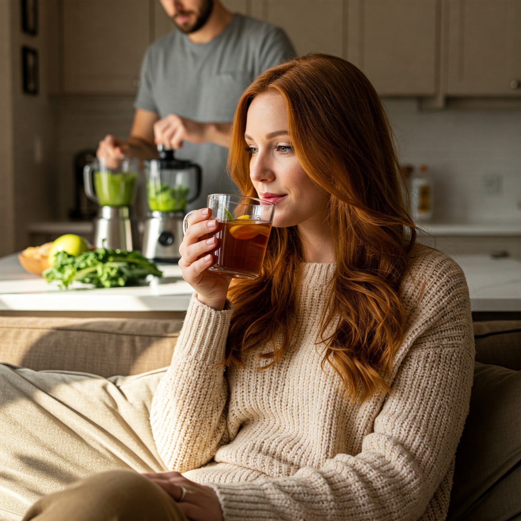 Woman enjoying a warm cup of detox tea for cleansing and weight management.