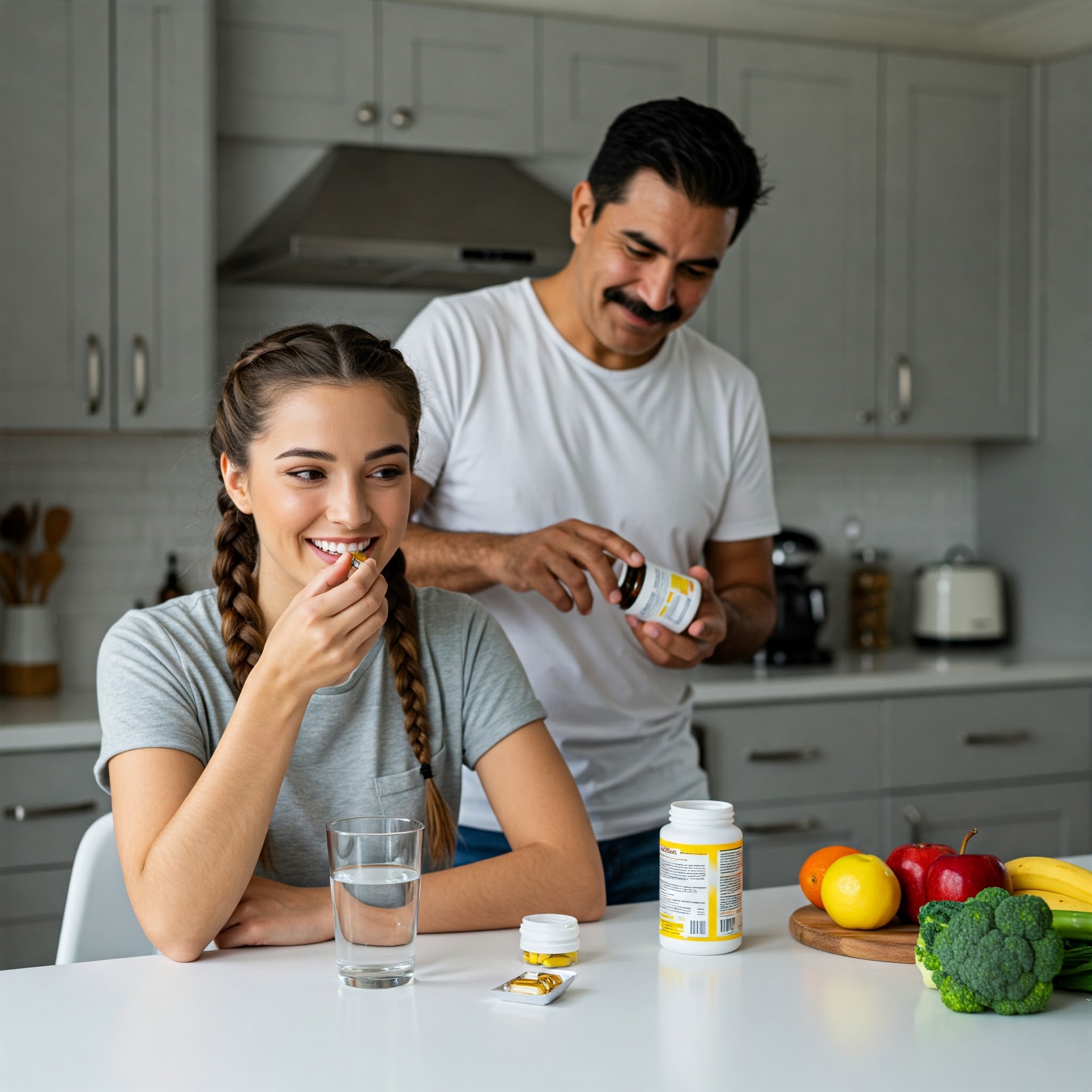 Woman taking a daily multivitamin for overall health and wellness.