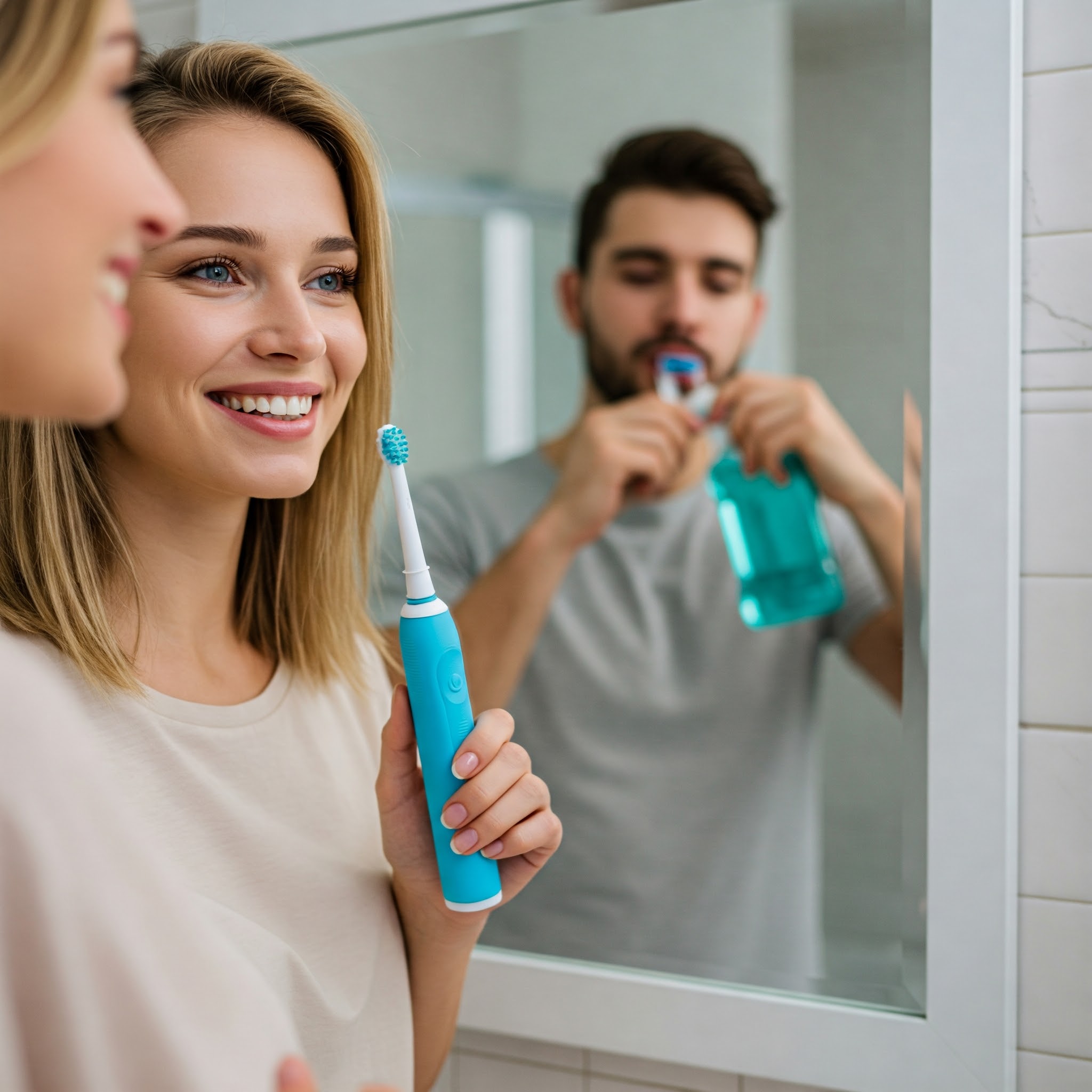 Woman using an electric toothbrush for a bright, healthy smile and deep cleaning.