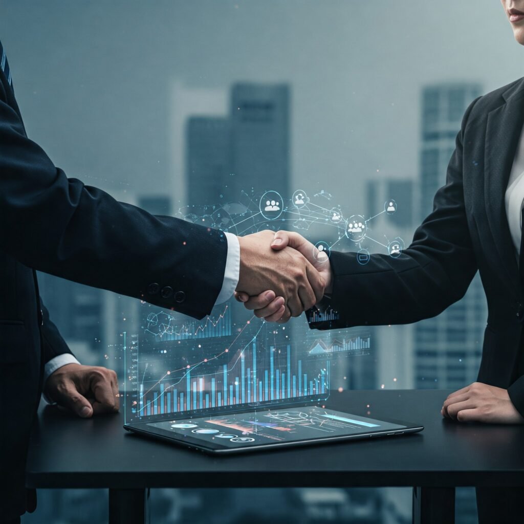 Digital handshake with trade and growth visuals
