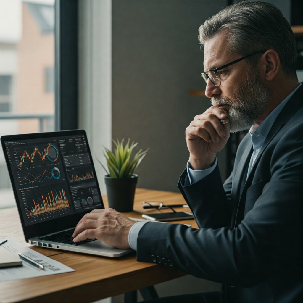 Entrepreneur checking sales data and profits on a computer