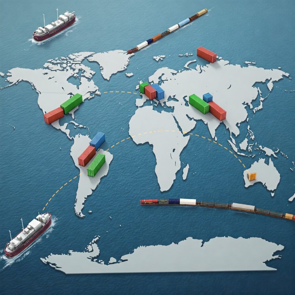 Global trade symbol with containers shipping across continents