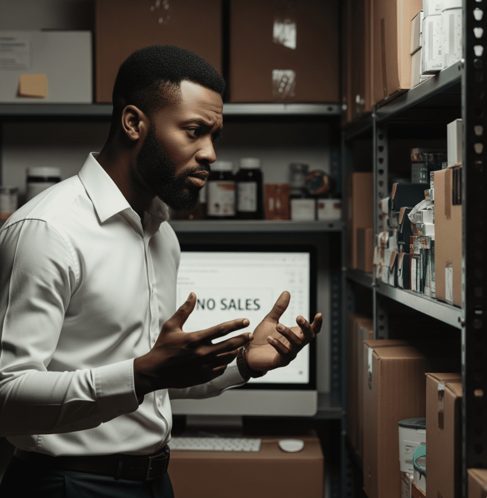 A confused business owner staring at inventory with no sales data