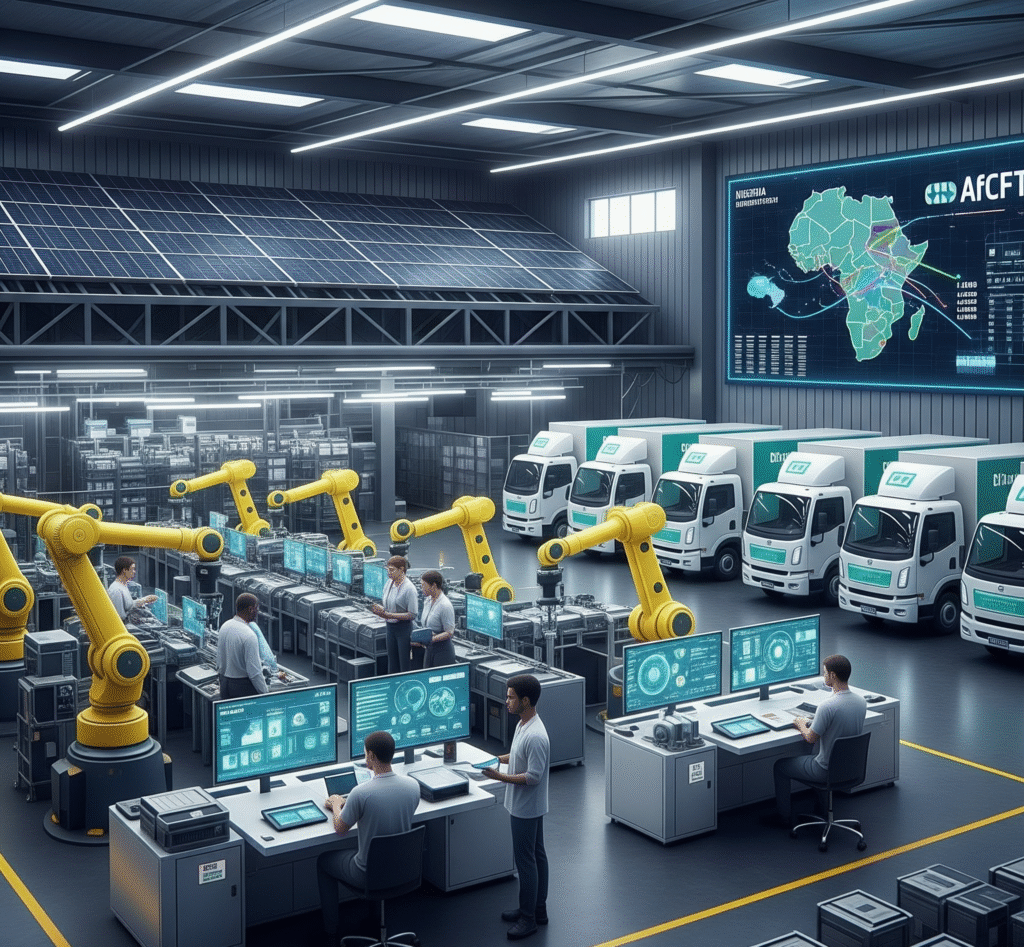 Futuristic Lekki factory with robotics, solar panels, electric trucks, and AfCFTA map showing growth of Nigerian manufacturing states
