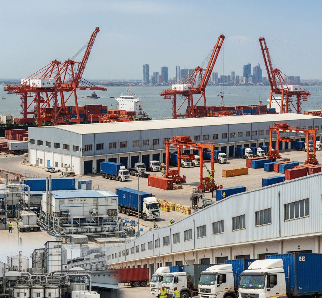 Lekki Free Trade Zone with warehouses, container trucks, and Lagos Lagoon in background.