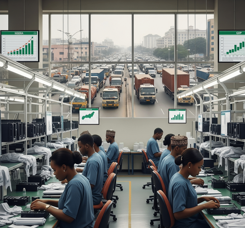 Workers inside Ikeja factory assembling electronics with Lagos city road in background.