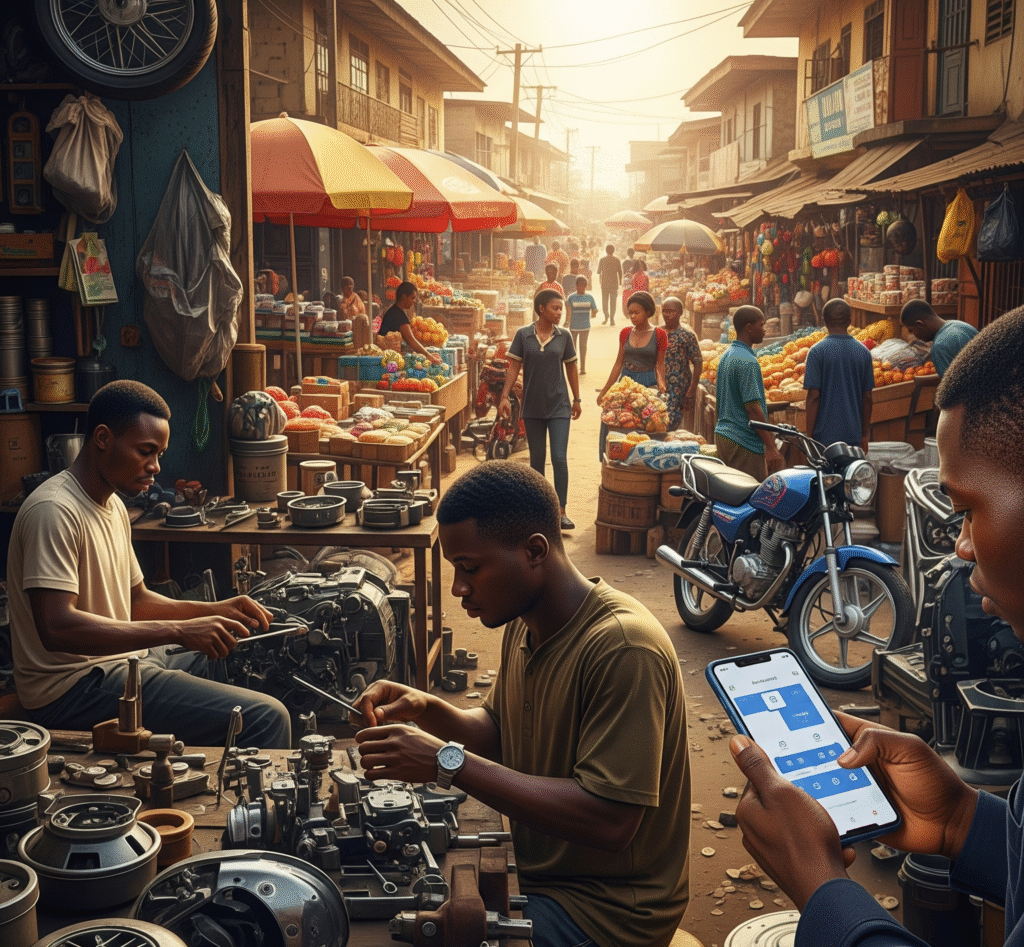 artisans assembling motorcycles amid busy market streets.