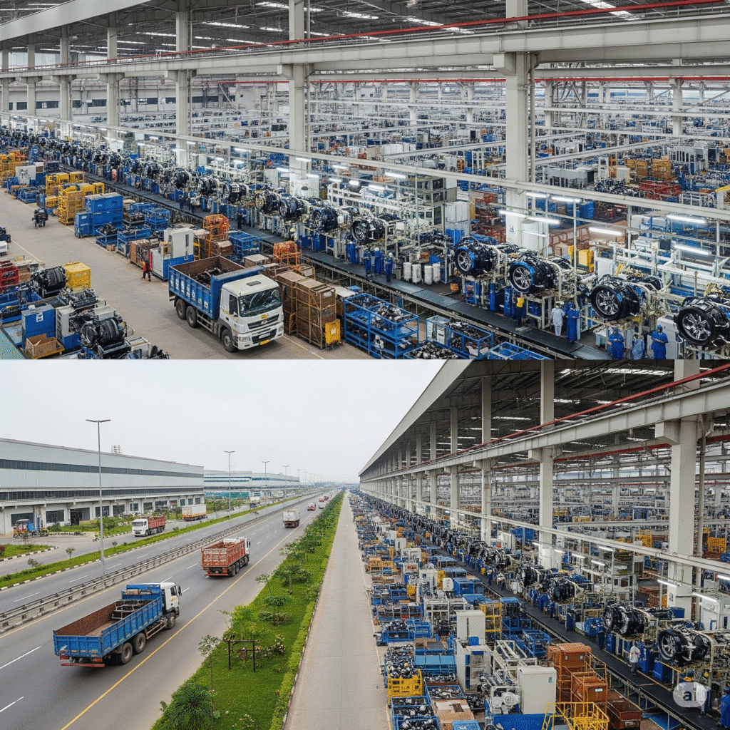 factories and trucks on Ogun-Lagos Expressway.