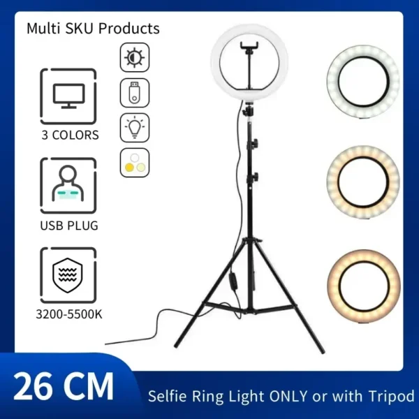 10” Dimmable LED Ring Light with Tripod – Selfie, Makeup, Studio Lighting
