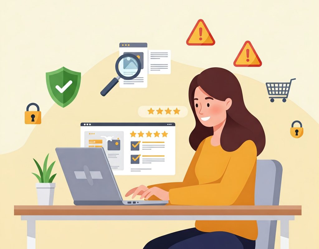 Online shopper browsing a store with security, reviews, and scam alert icons.